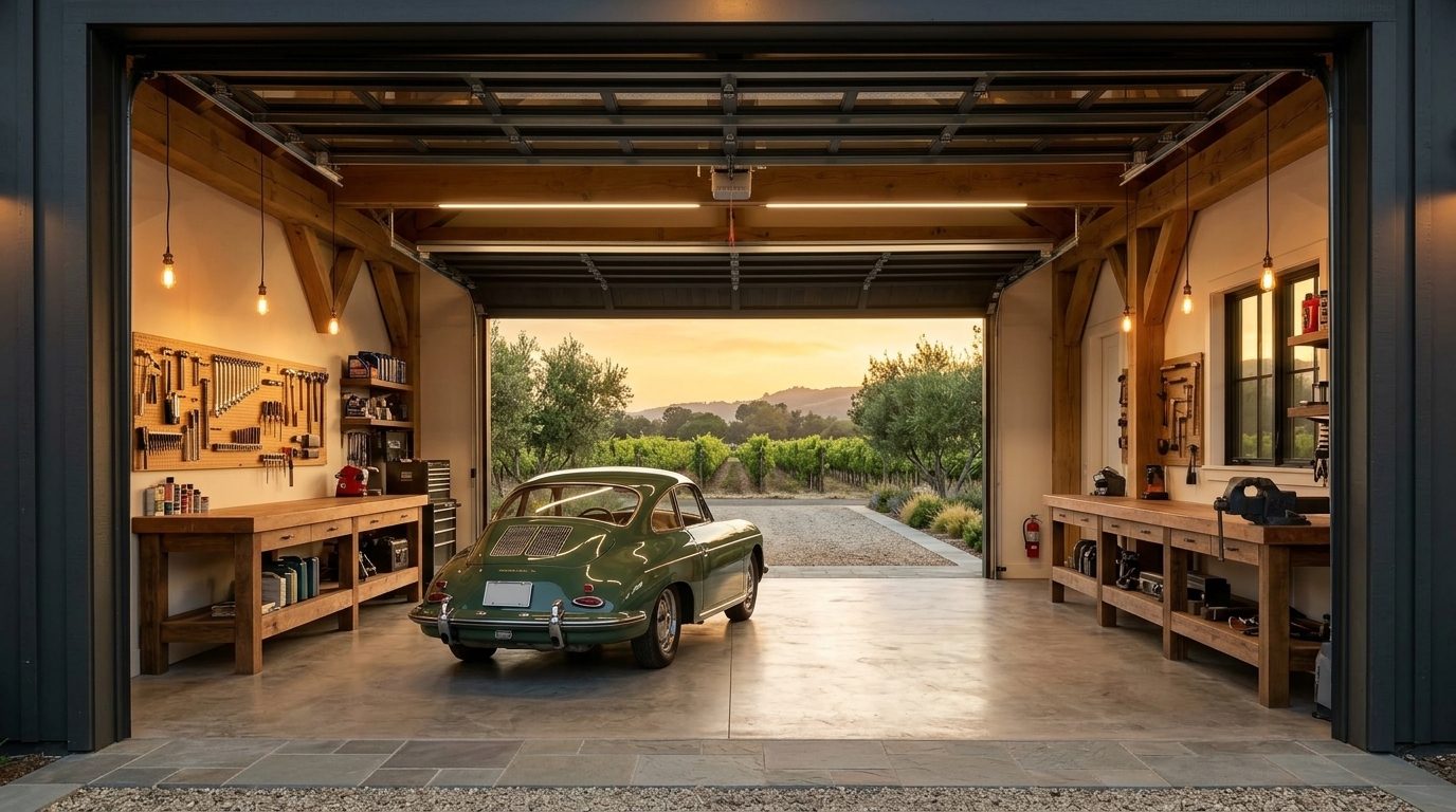Phillips Garage Doors Services Interior View of Custom Garage Door Overhead and Workshop